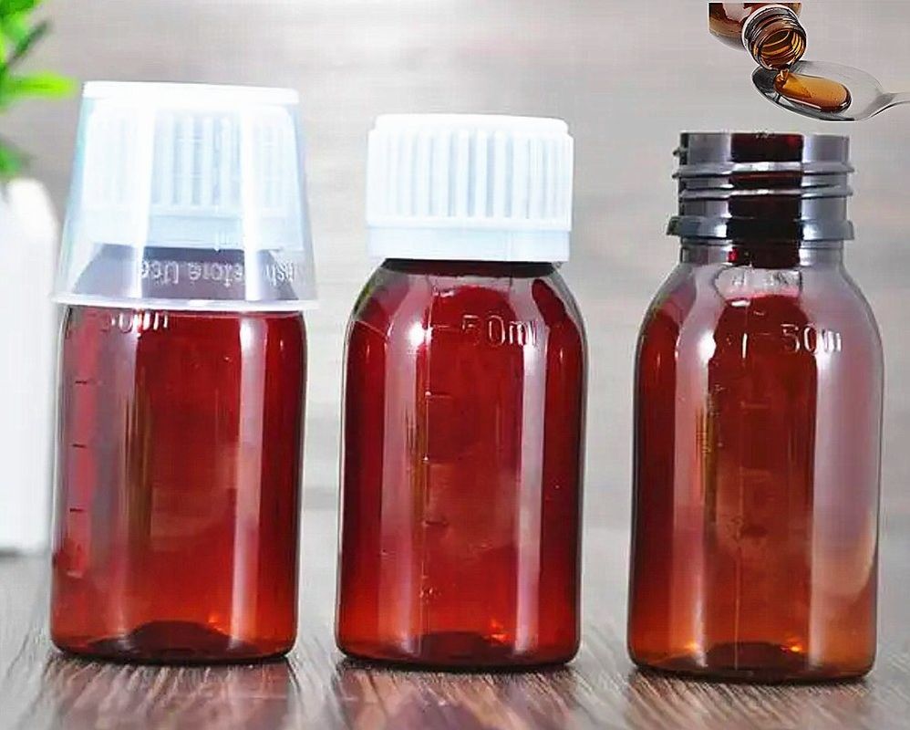 100ml 120ml 150ml DIN28 प्लास्टिक पीईटी ब्राउन ओरल लिक्विड बोतल एम्बर मेडिसिन खांसी सिरप बोतल रोप कैप के लिए