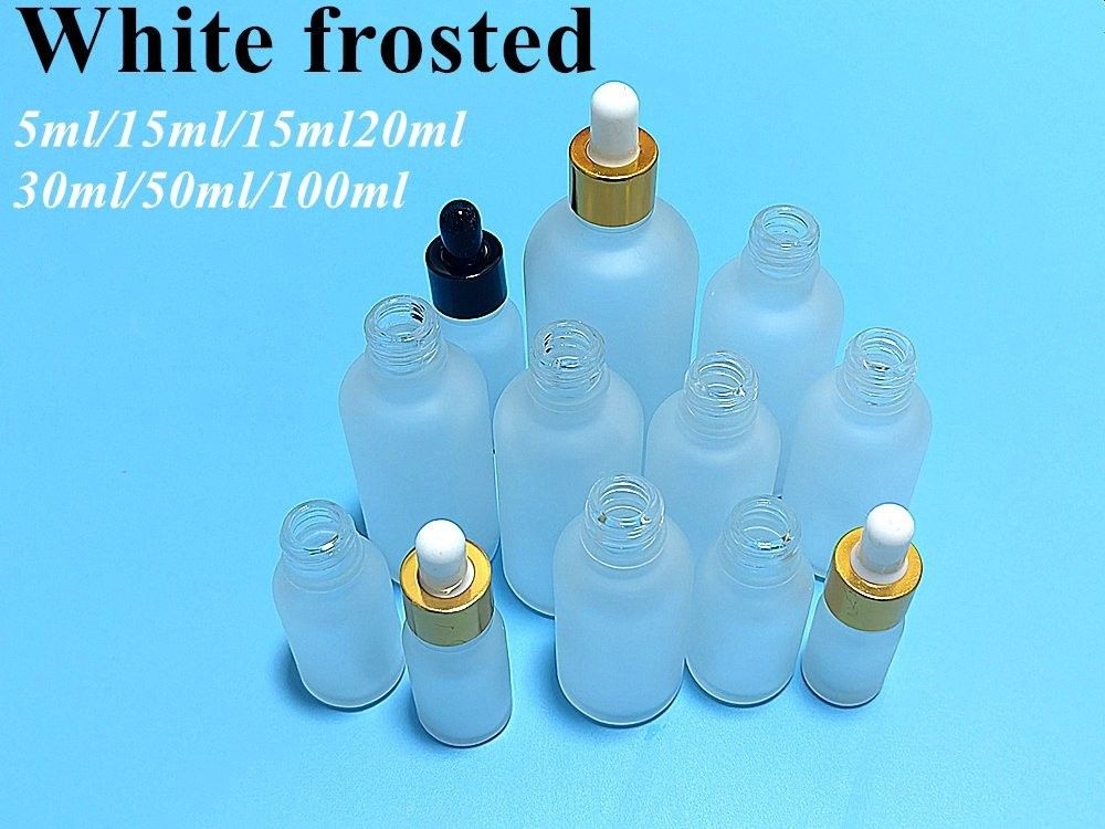 मैट मैट व्हाइट 20ml 30ml ग्लास ड्रिपर बोतल ग्लास सीरम आवश्यक तेल बोतल काले ड्रिपर कैप के साथ