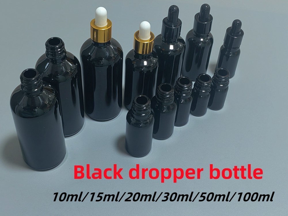 10ml 15ml 20ml 30ml 50ml 100ml चमकदार काला आवश्यक तेल कॉस्मेटिक ग्लास ड्रॉपर बोतल