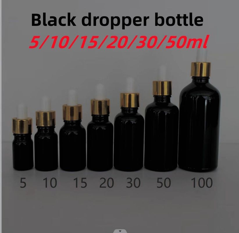 5ml 10ml 15ml 20ml आवश्यक तेल सीरम सपाट कंधे गोल चमकदार आवश्यक तेल की बोतल काला ग्लास ड्रॉपर बोतल