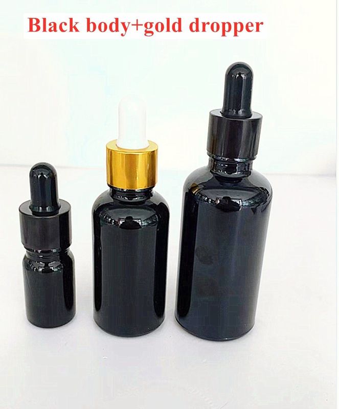 5ml 10ml 15ml 20ml आवश्यक तेल सीरम सपाट कंधे गोल चमकदार आवश्यक तेल की बोतल काला ग्लास ड्रॉपर बोतल