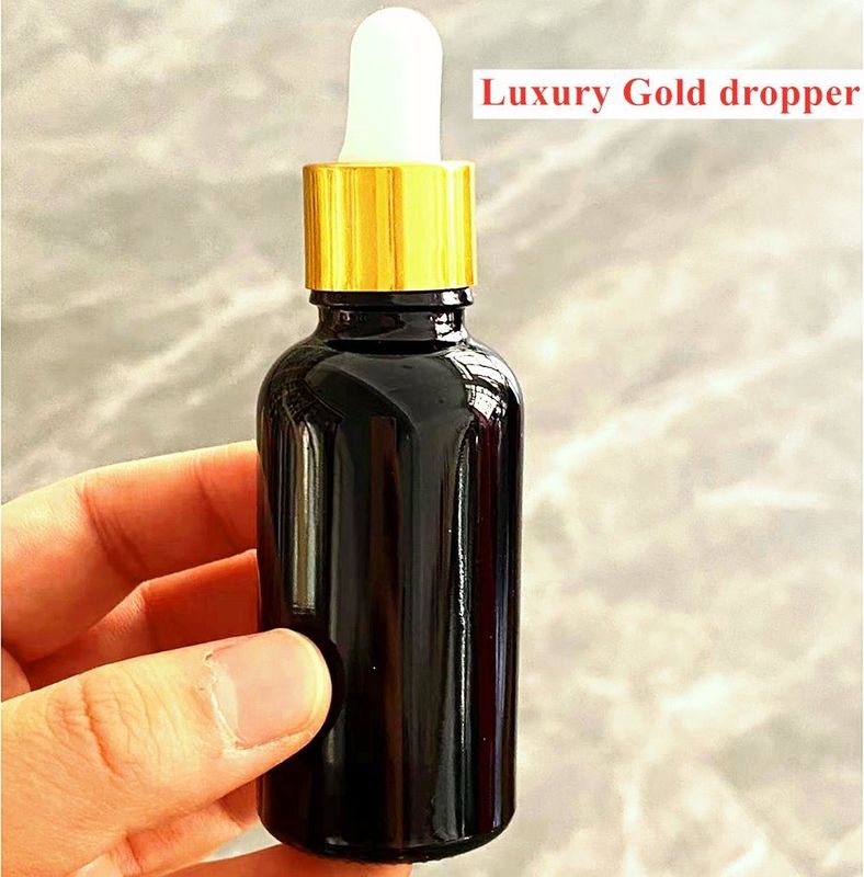 5ml 10ml 15ml 20ml आवश्यक तेल सीरम सपाट कंधे गोल चमकदार आवश्यक तेल की बोतल काला ग्लास ड्रॉपर बोतल