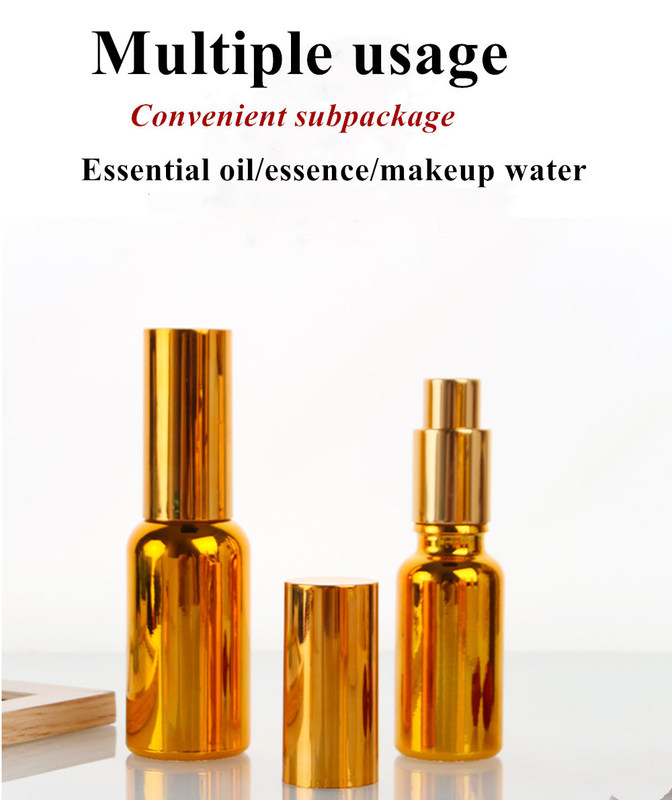 लक्जरी चमकदार 30ml 50ml 60ml सोना यूवी इलेक्ट्रोप्लेट सीरम स्वर्ण ग्लास आवश्यक तेल ग्लास ड्रॉपर बोतल स्प्रे सिर के साथ