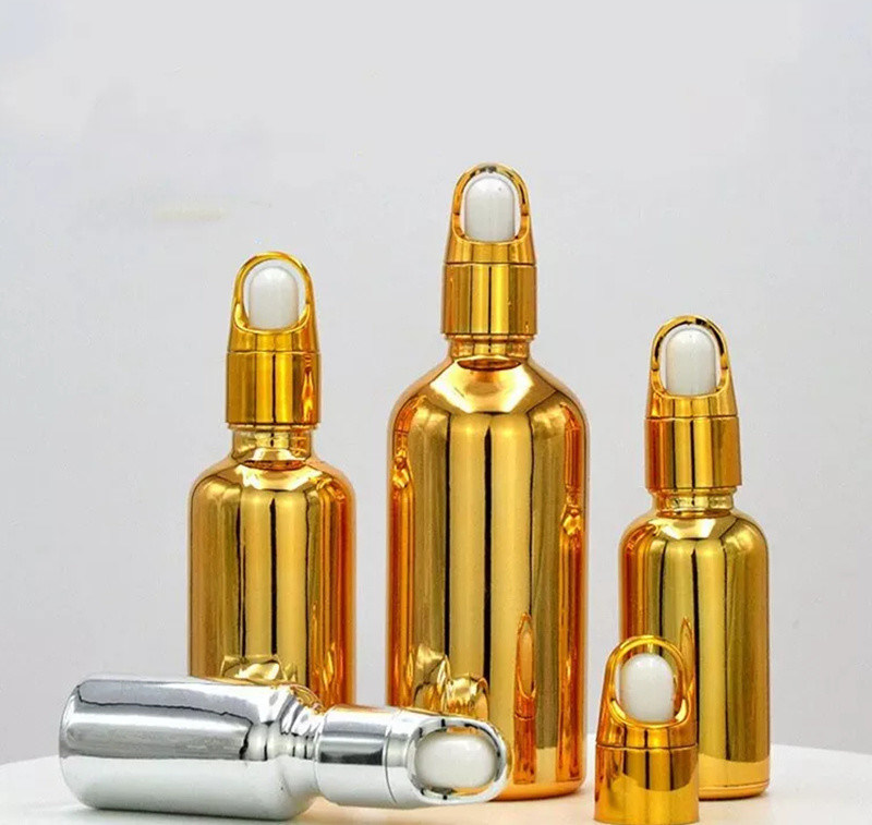 उच्च गुणवत्ता वाले लक्जरी कॉस्मेटिक पैकेज 10ml 20ml 30ml 50ml इलेक्ट्रोप्लेटिंग गोल्ड आवश्यक तेल सीरम ग्लास ड्रॉपर बोतल