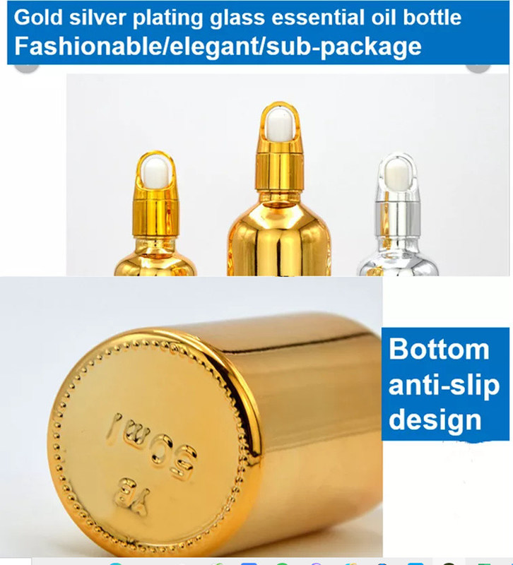 उच्च गुणवत्ता वाले लक्जरी कॉस्मेटिक पैकेज 10ml 20ml 30ml 50ml इलेक्ट्रोप्लेटिंग गोल्ड आवश्यक तेल सीरम ग्लास ड्रॉपर बोतल