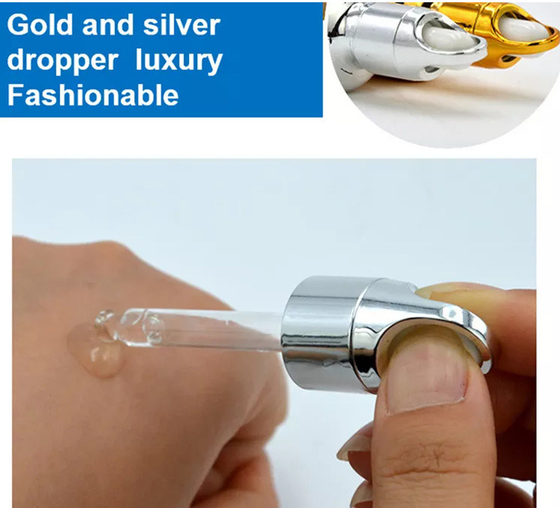 10ml 20ml 30ml 50ml इलेक्ट्रोप्लेट गोल्ड कलर लक्जरी कॉस्मेटिक पैकेजिंग ग्लास ड्रॉपर बोतलें