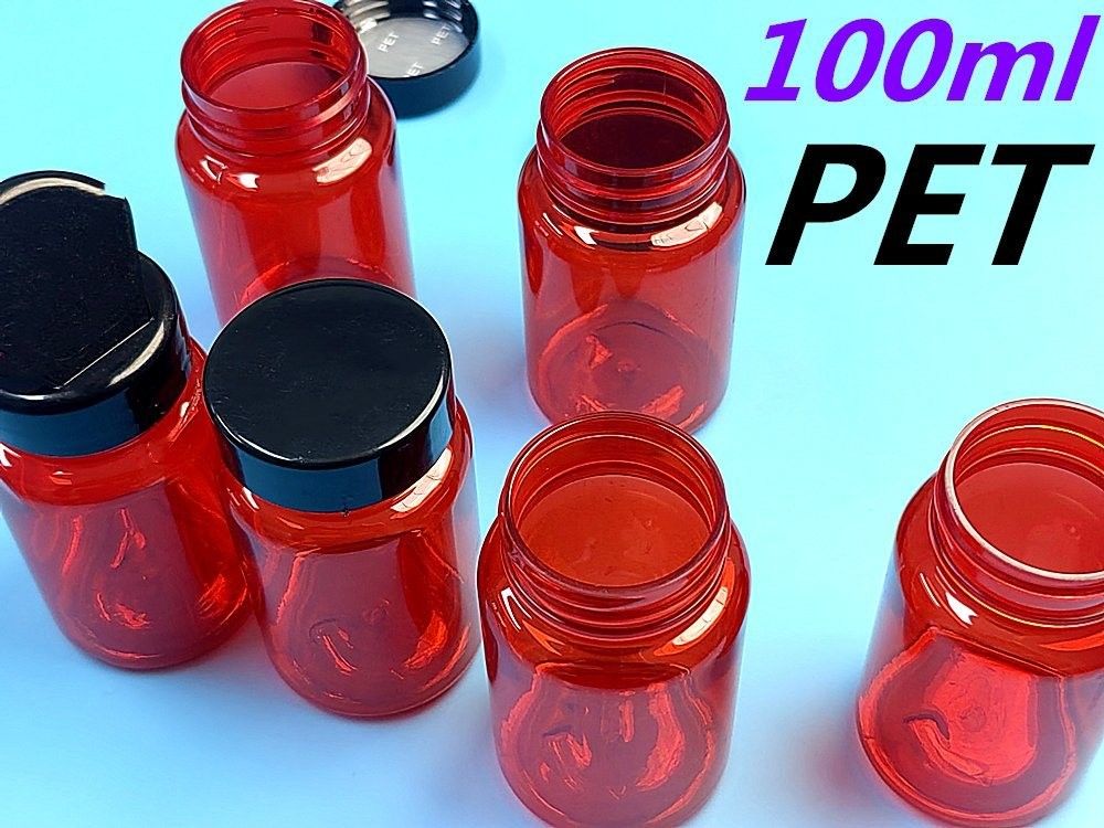 100 मिलीलीटर लाल कम MOQ पीईटी प्लास्टिक गोली बोतलें खाली कस्टम प्लास्टिक विटामिन गोली कैप्सूल बोतल पेंच टोपी के साथ फ्लिप टॉप टोपी