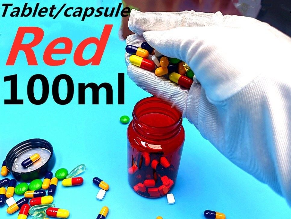 हेल्थकेयर मेडिसिन गोली बोतल 100ml पीईटी लाल प्लास्टिक कैप्सूल पैकेजिंग विटामिन गोली दवा बोतल पेंच टोपी के साथ