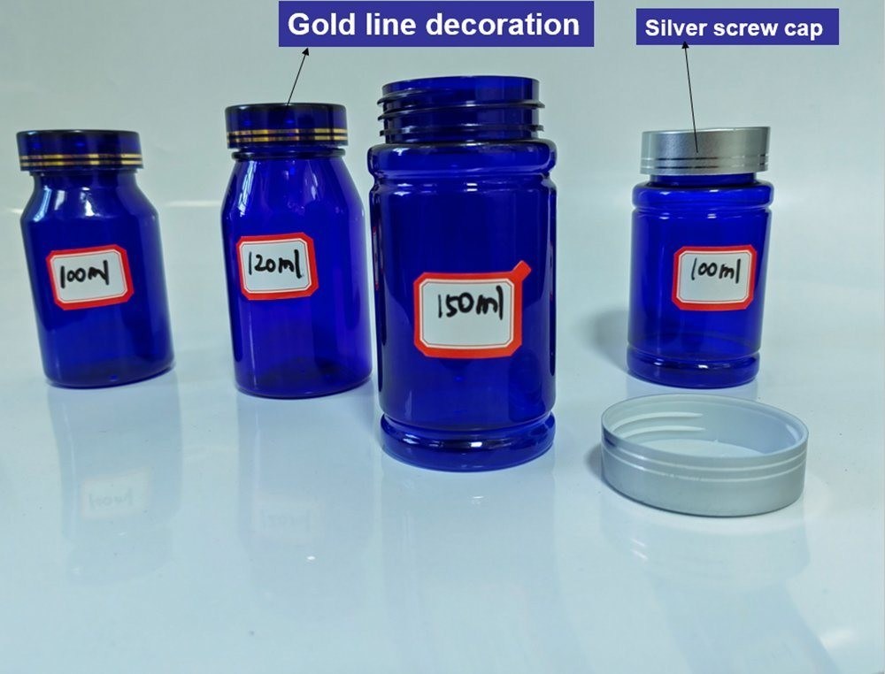 100cc 120cc 150cc प्लास्टिक की बोतल गोलियों के लिए कैप्सूल पारदर्शी नीली पालतू पुनः भरने योग्य प्लास्टिक ठोस खुराक दवा की बोतल