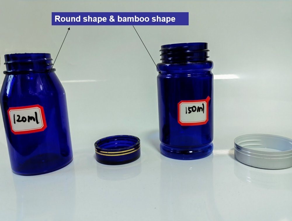 100cc 120cc 150cc प्लास्टिक की बोतल गोलियों के लिए कैप्सूल पारदर्शी नीली पालतू पुनः भरने योग्य प्लास्टिक ठोस खुराक दवा की बोतल