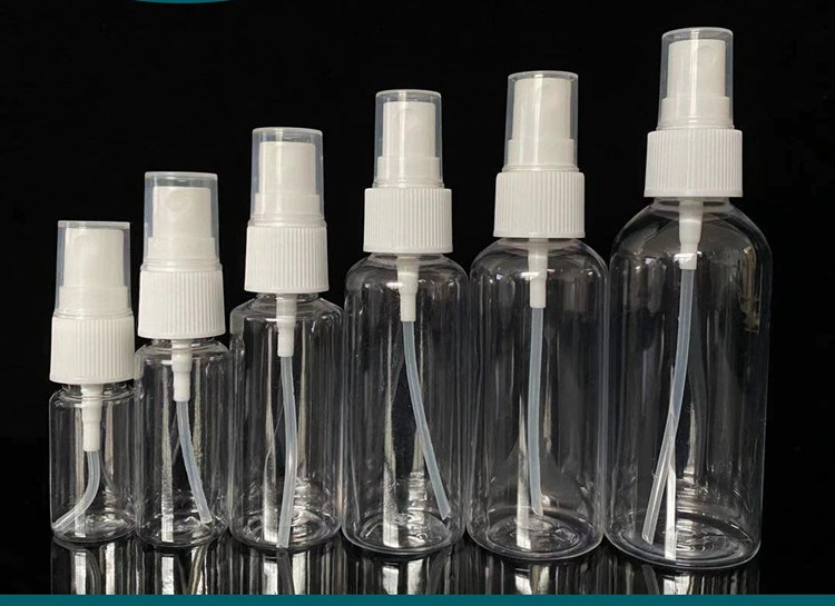 50 मिलीलीटर 60 मिलीलीटर 100 मिलीलीटर पीईटी पारदर्शी गोल अनुकूलन पुनः भरने योग्य हाथ सैनिटाइजर गोल पुनः भरने कॉस्मेटिक पीईटी प्लास्टिक स्प्रे बोतल